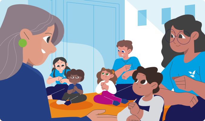 Graphic of teachers and students sitting on the ground